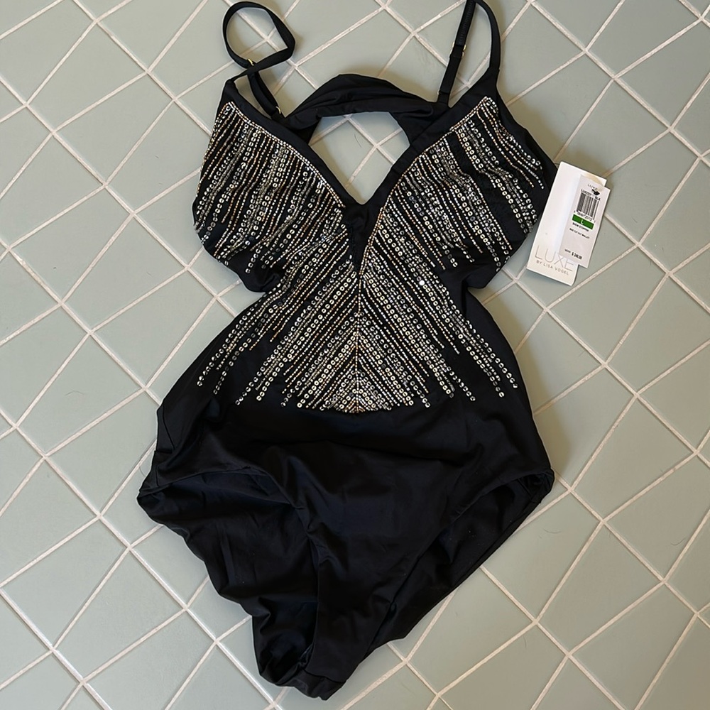Luxe by Lisa Vogel sequin swimsuit one piece size large slimming